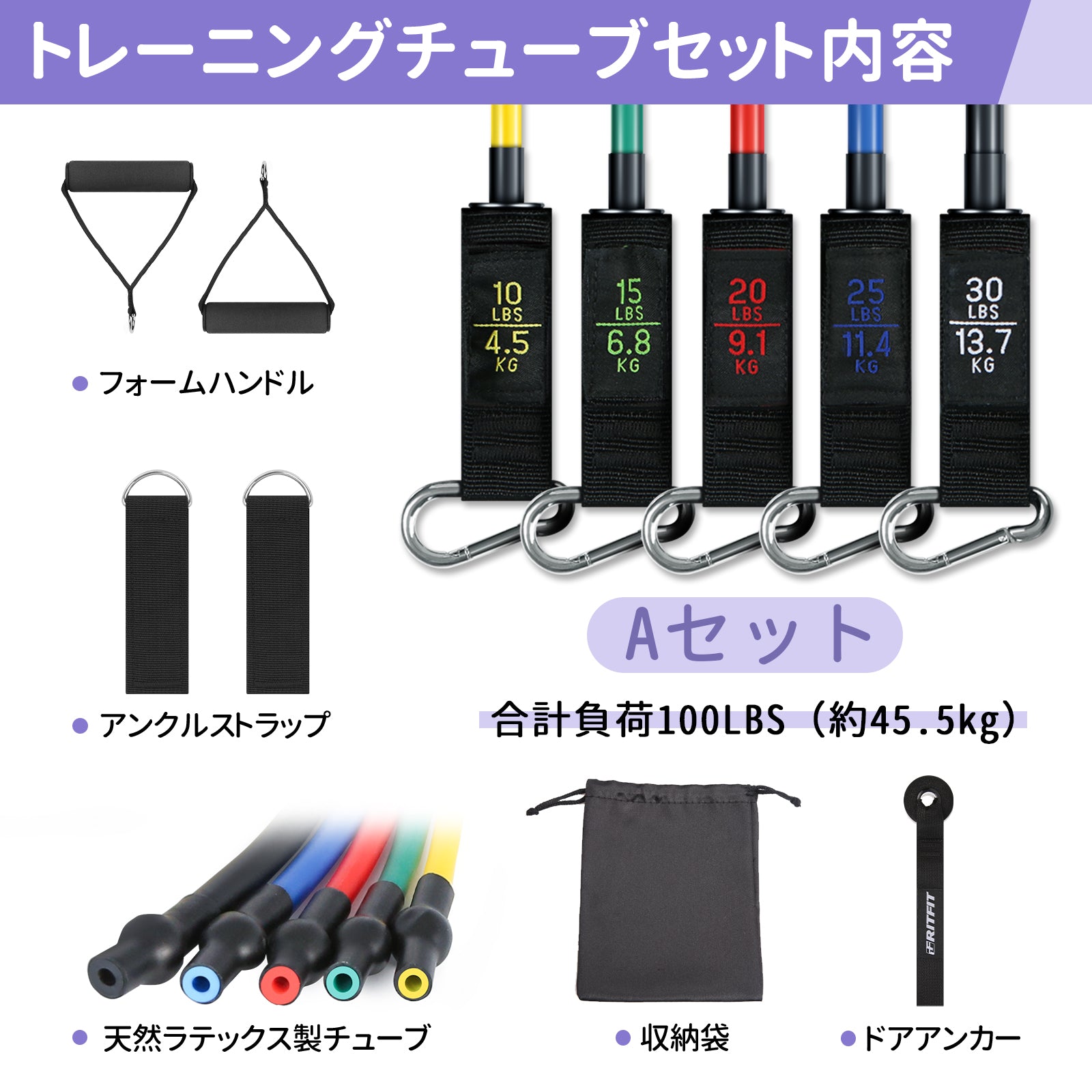 RITFIT トレーニングチューブセット 強度別5本セット