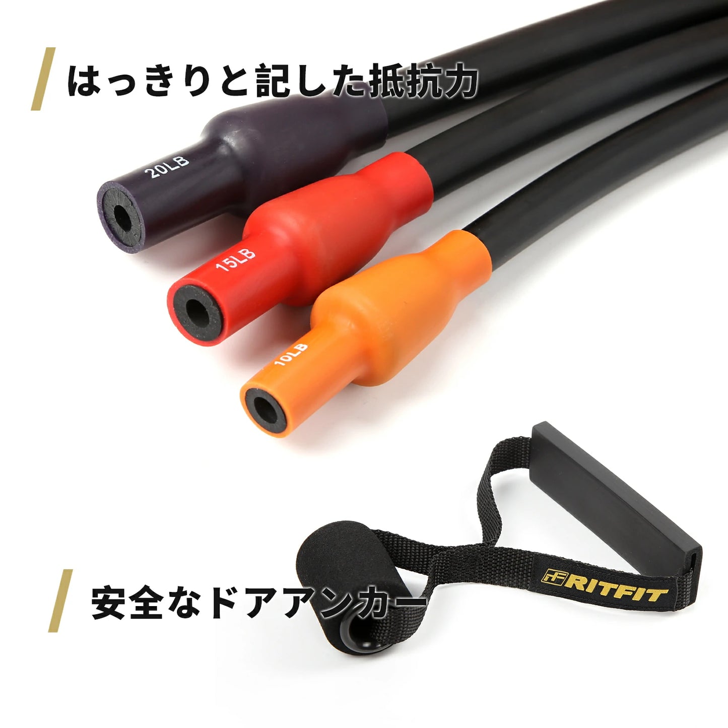 RITFIT トレーニングチューブ3本セットにはっきりと記した抵抗力と安全なドアアンカーがついている