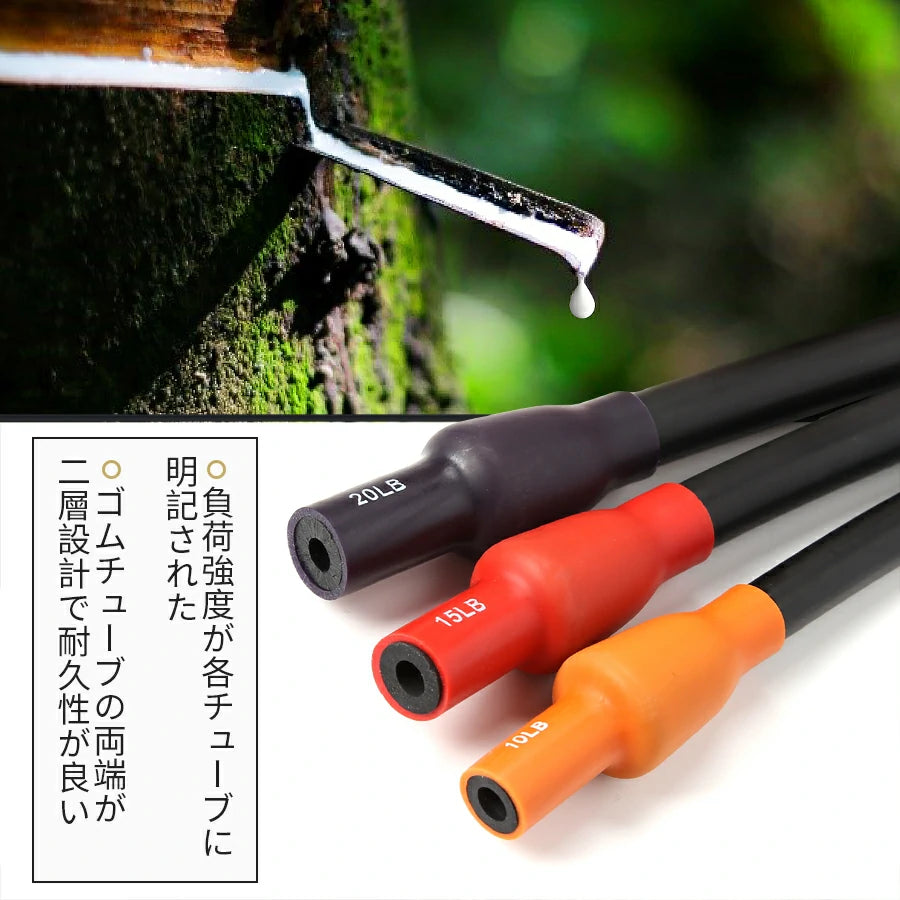 RITFIT トレーニングチューブ3本セットの負荷強度が各チューブに明記された。ゴムチューブの両端が二層設計で耐久性がよい。