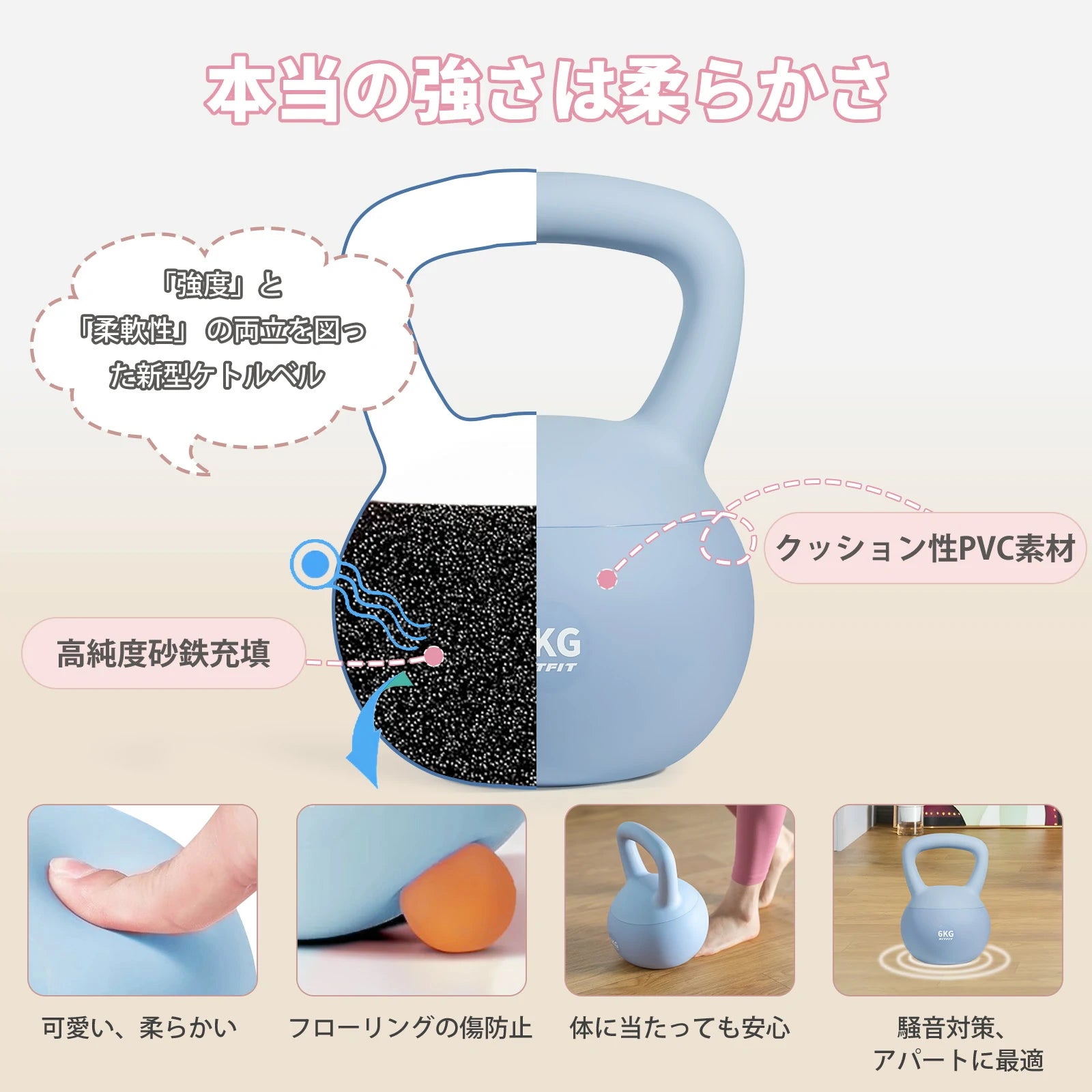 「強度」と「柔軟性」の両立を図った新型ケトルベル 。クッション性PVC素材と高純度砂鉄が充填され 。可愛い、柔らかい。フローリングの傷防止。体に当たっても安心。騒音対策、アパートに最適。