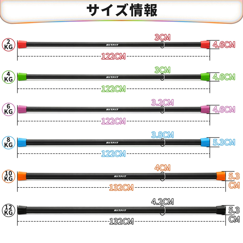 RITFIT フィトネスバーのサイズ情報 ２KG　長さ122cm直径3cm両端の直径4.6cm ４KG　長さ122cm直径3cm両端の直径4.6cm ６KG　長さ122cm直径3.2cm両端の直径4.6cm ８KG　長さ122cm直径3.8cm両端の直径5.3cm 10KG　長さ132cm直径4cm両端の直径5.3cm 12KG　長さ132cm直径4.2cm両端の直径5.3cm