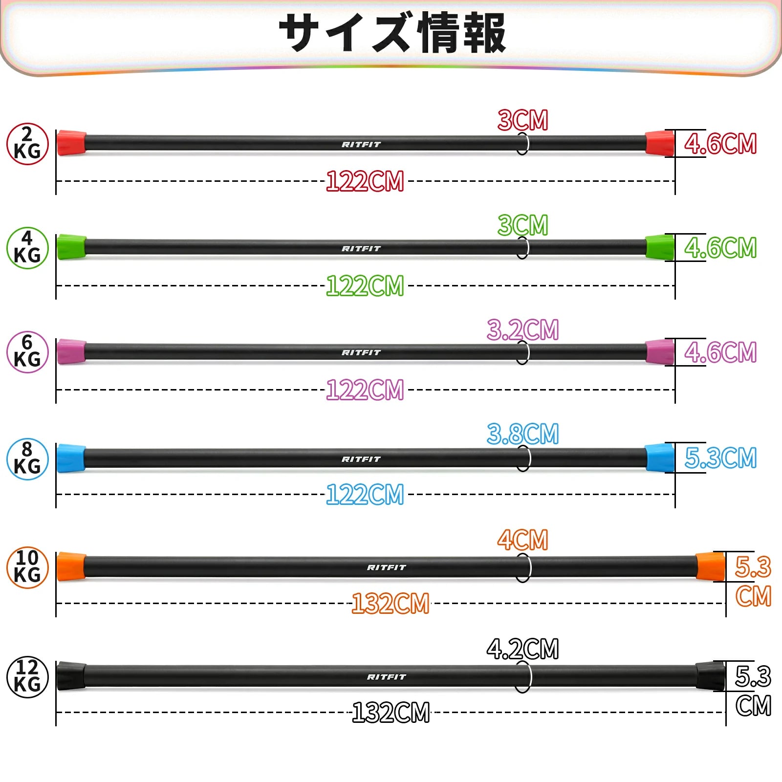 RITFIT フィトネスバーのサイズ情報 ２KG　長さ122cm直径3cm両端の直径4.6cm ４KG　長さ122cm直径3cm両端の直径4.6cm ６KG　長さ122cm直径3.2cm両端の直径4.6cm ８KG　長さ122cm直径3.8cm両端の直径5.3cm 10KG　長さ132cm直径4cm両端の直径5.3cm 12KG　長さ132cm直径4.2cm両端の直径5.3cm