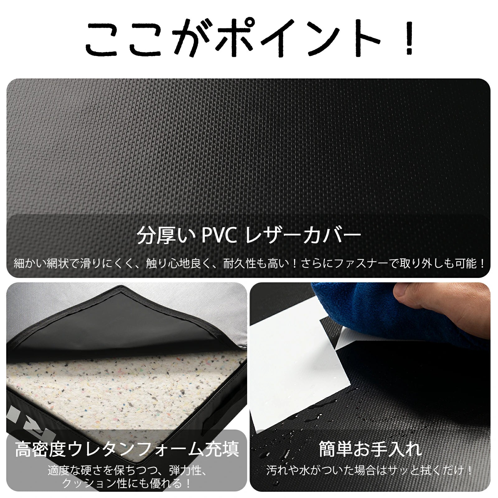 RITFIT ダンベルドロップマットの分厚いPVCレザーカバー：細かい網柄で滑りにくく、触り心地よい、耐久性が高い。さらにファスナーで取り外しかのう。
