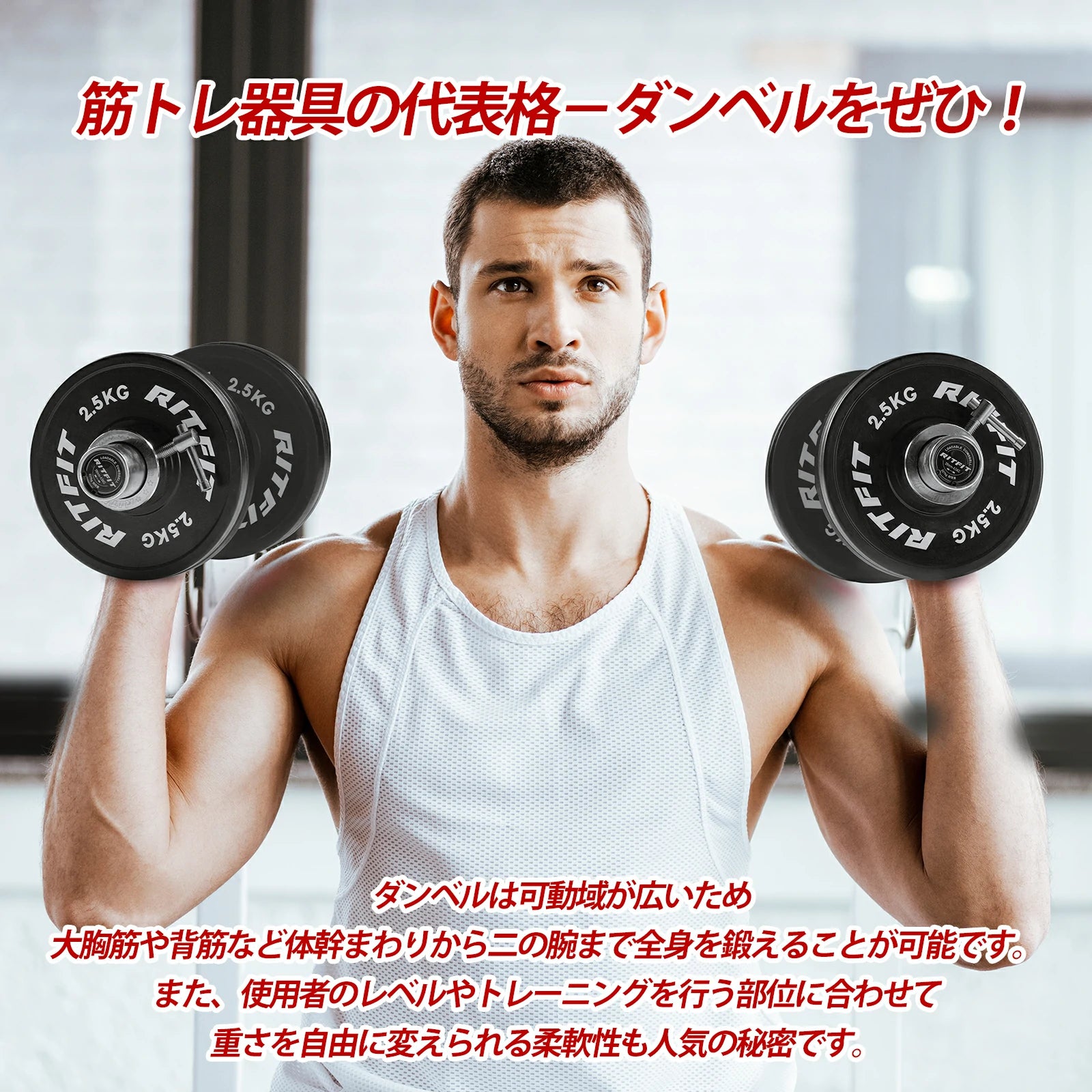 筋トレ器具の代表格――ダンベルをぜひ ダンベルは可動域が広いため 大胸筋や背筋など体幹まわりから二の腕まで全身を鍛えることが可能です。また、使用者のレベルやドレーニングを行う部位に合わせて、重さを自由に変えられる柔軟性も人気の秘密です。